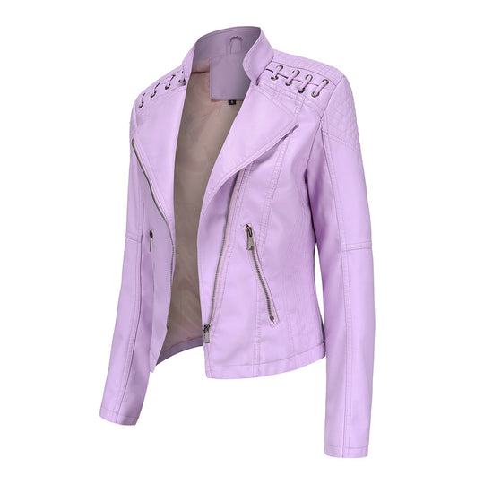 Damen nan taillierte Kunstleder-Bikerjacke mit gesteppter Schulterpartie, asymmetrischem Reißverschluss und Zierösen EB
