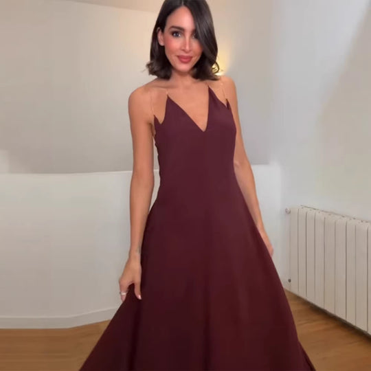 Damen elegantes Maxikleid mit tiefem V-Ausschnitt und fließendem Rock EB
