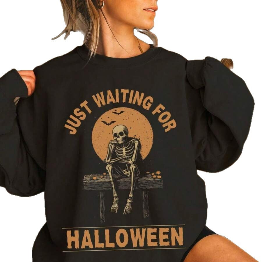 Damen nan Oversize-Sweatkleid mit Halloween-Skelettprint, weichem Baumwollmix und geripptem Rundhalsausschnitt EB
