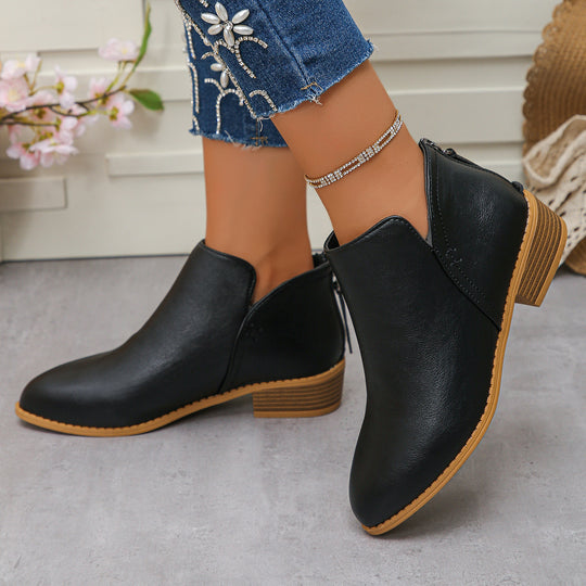 Damen nan kurze Stiefelette mit hinterem Reißverschluss niedrigem Blockabsatz und seitlichem V-Schnitt EB
