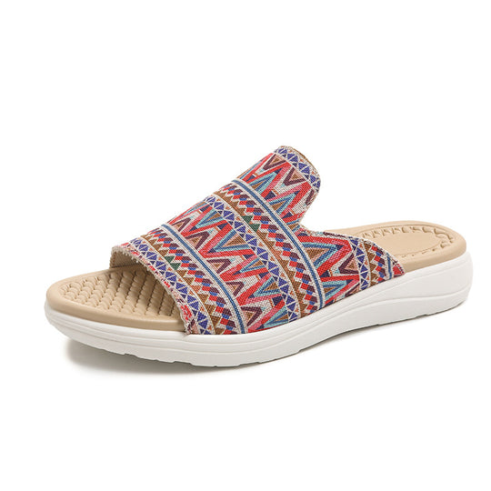 Damen Wedge-Pantoletten mit farbenfrohem Ethnomuster und rutschfester Sohle EB