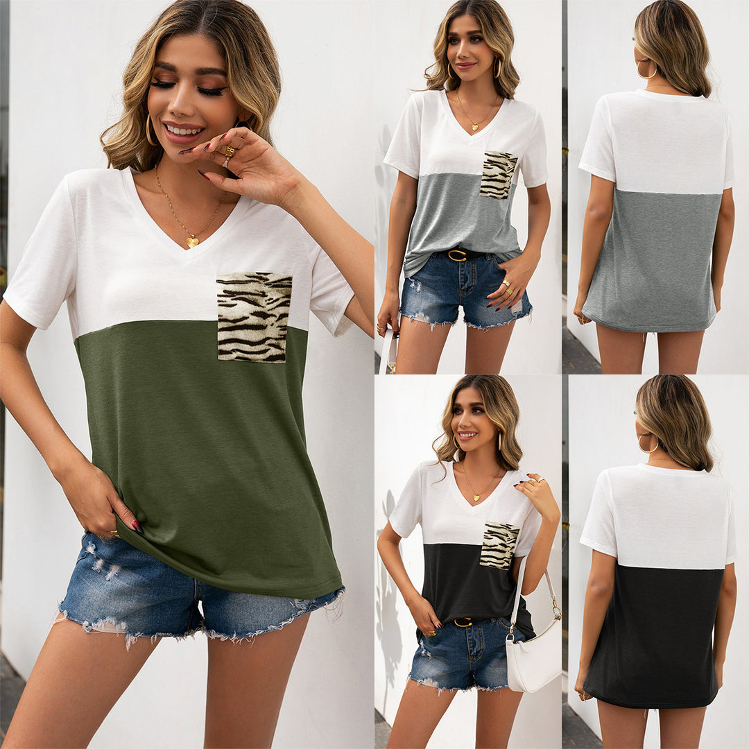 Damen V-Ausschnitt T-Shirt mit tierischem Taschenmotiv und lässigem Schnitt EB