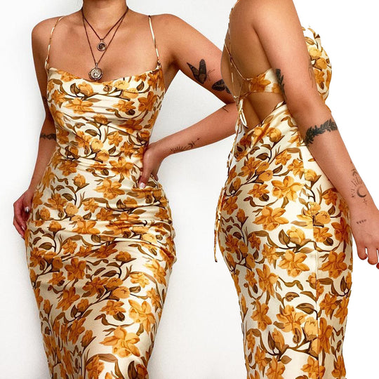Damen Satin Maxikleid mit floraler Drapierung und Spaghettiträgern EB