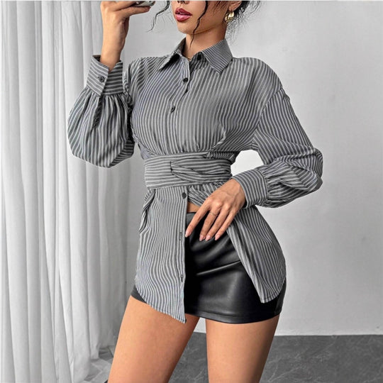 Damen Modische Hemdbluse mit taillierendem Gürtel und komfortablem Schnitt EB