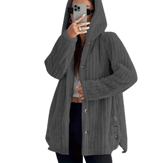 Damen Kuschelige Kapuzenjacke mit Knopfdetails EB