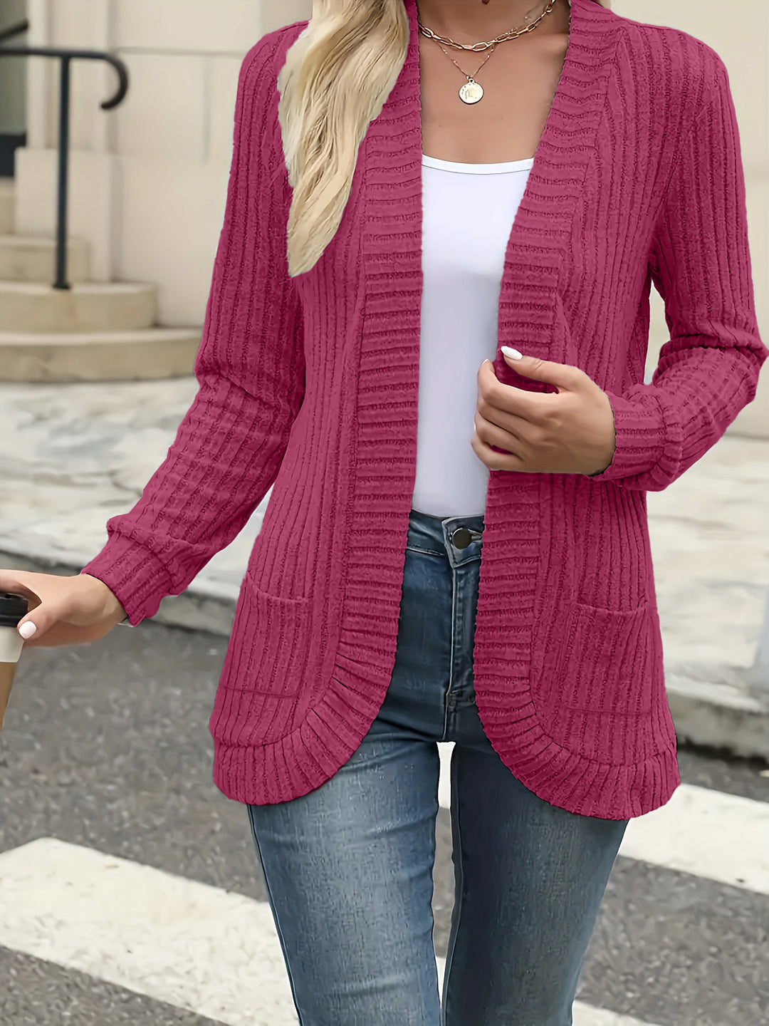 Damen Strickjacke mit offenen Front und praktischen Taschen EB
