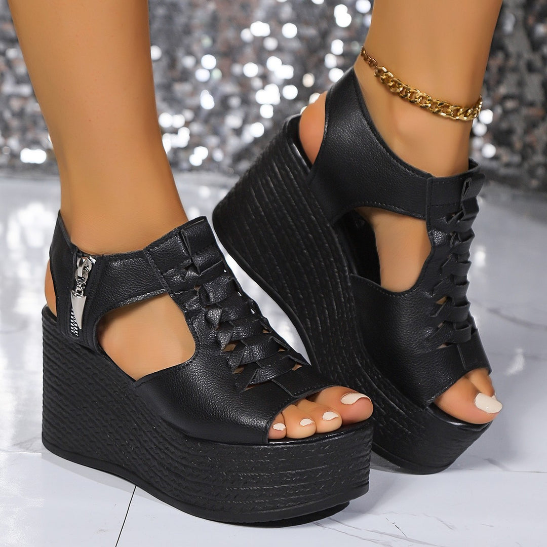 Damen Plateau-Sandalen mit elastischen Schnürungen und Reißverschluss EB