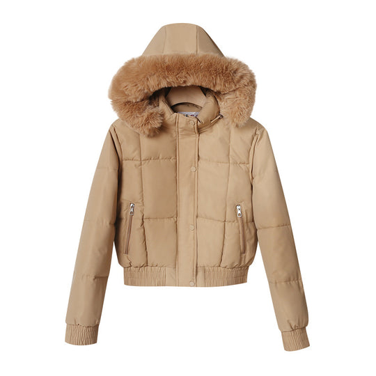 Damen nan kurzer isolierender Kapuzenblouson mit voluminöser Pelzkragenblende und elastischem Rippsaum EB