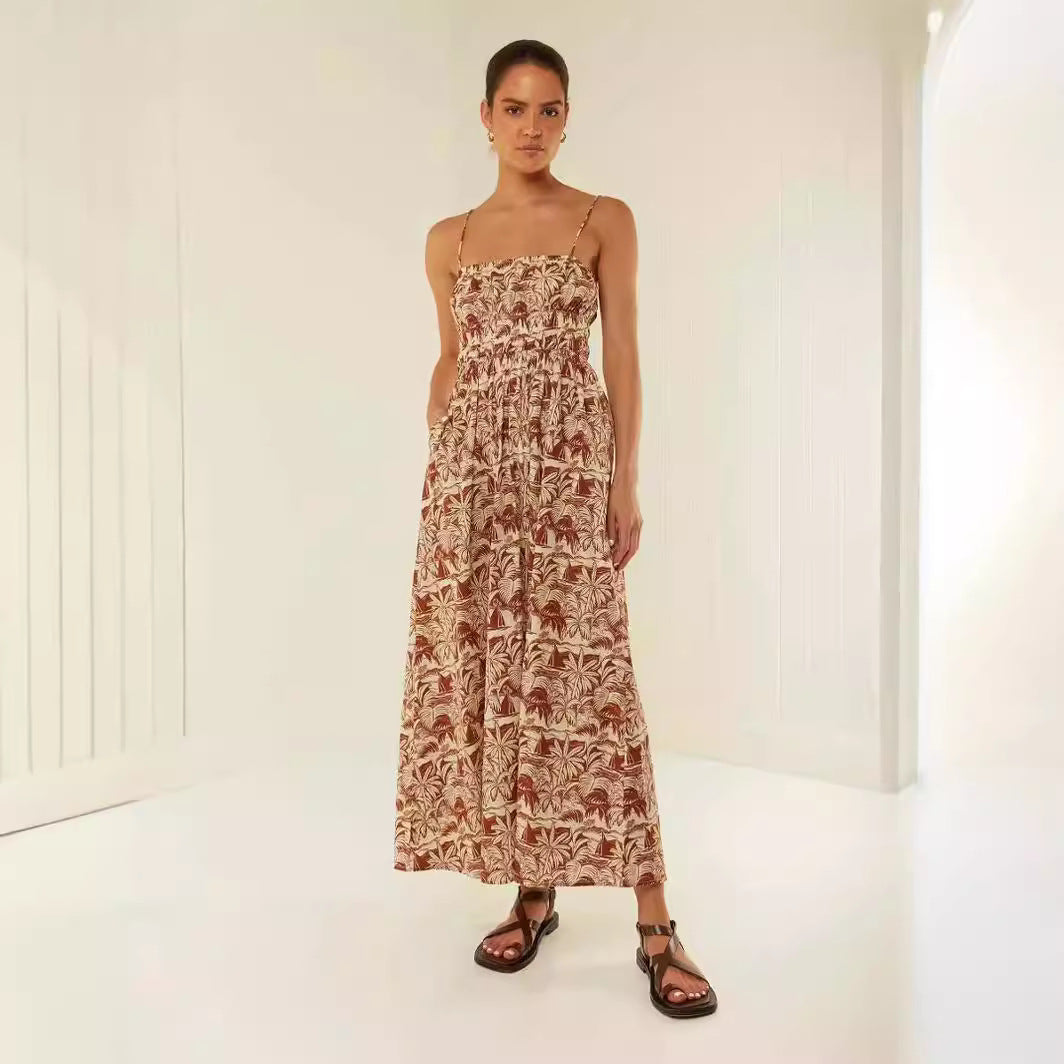 Damen Maxikleid mit elastischem Bund und verspieltem Blumenmuster EB