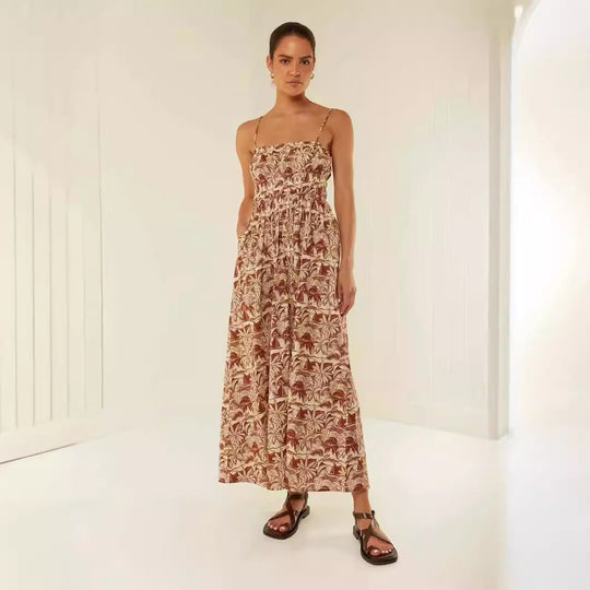 Damen Maxikleid mit elastischem Bund und verspieltem Blumenmuster EB