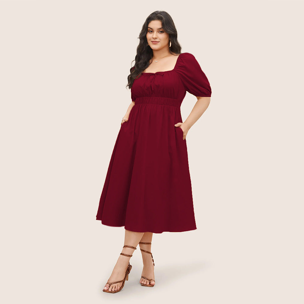 Damen elegantes Midikleid mit modischen Puffärmeln und Taillenschnürung EB