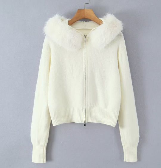 Damen Strickjacke mit luxuriösem Kunstfellkragen und Reißverschluss EB