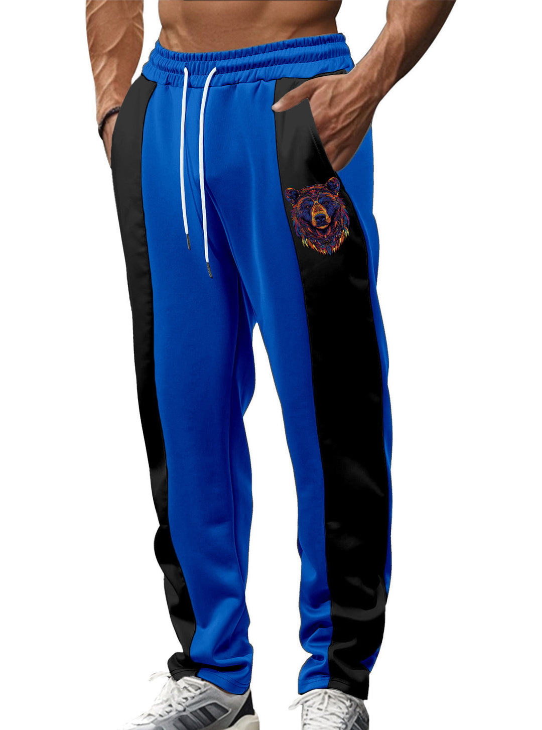 Herren nan sportive Trackpants mit seitlichen Kontrastbahnen elastischem Bund Kordelzug und Hirschstickerei EB