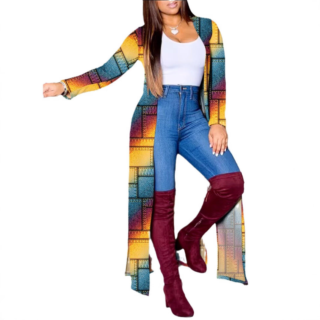 Damen Lange Strickjacke mit modernem grafischem Muster EB