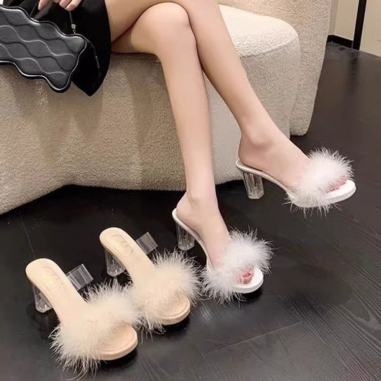 Damen elegante Mules mit transparentem Blockabsatz und feiner Fellverzierung EB