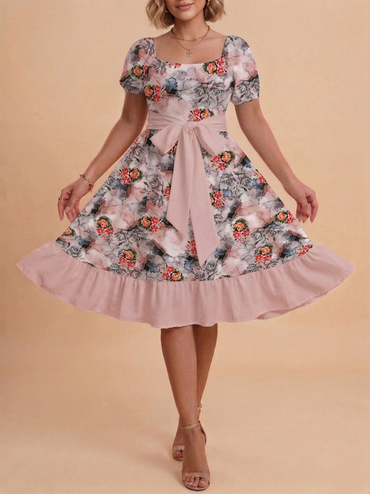 Damen Retro Maxikleid mit Puffärmeln und Taillengürtel EB