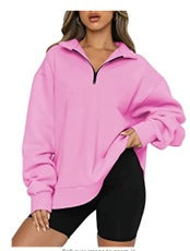 Damen nan oversized Sweatshirt mit halbem Reißverschluss, weichem Fleece-Innenfutter und Kängurutasche EB