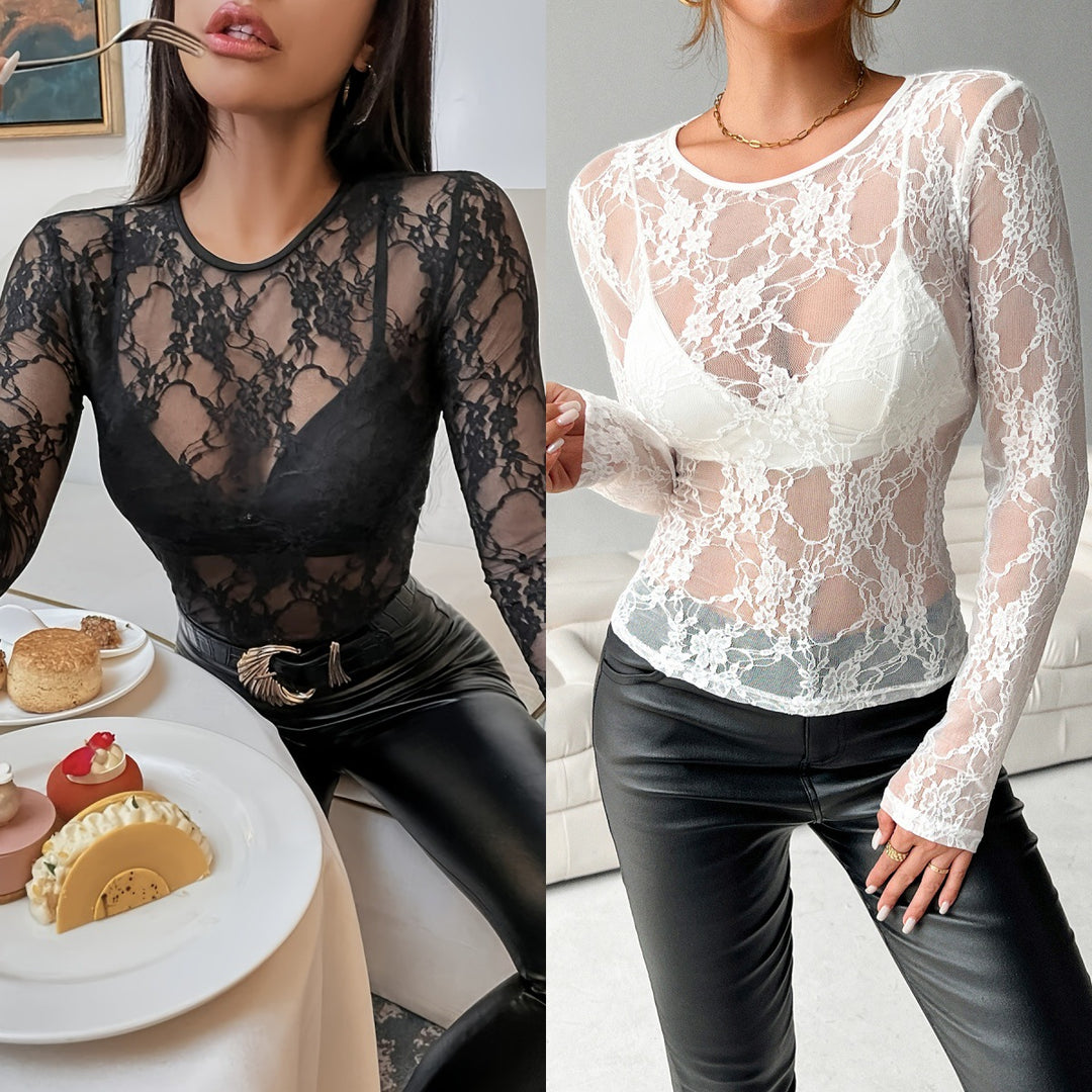Damen Elegantes Spitzenshirt mit transparentem Design EB