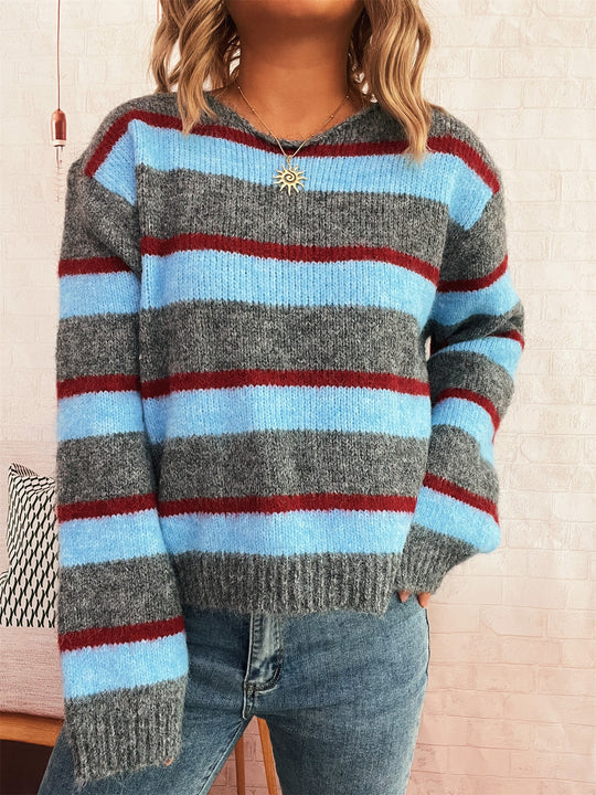 Damen gemusterter Strickpullover mit breiten Streifen und lässigem Schnitt EB