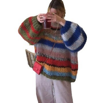 Damen Kuscheliger Strickpullover mit weit ausgestellten Ärmeln und buntem Streifenmuster EB