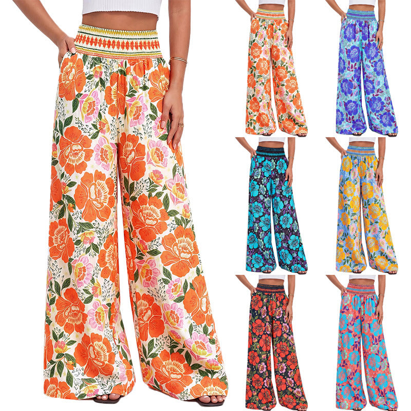 Damen luftige Palazzo-Hose mit floralen Mustern und elastischem Bund EB