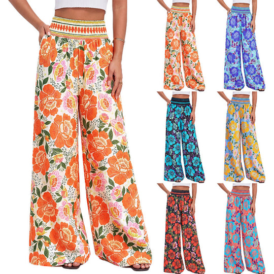 Damen luftige Palazzo-Hose mit floralen Mustern und elastischem Bund EB