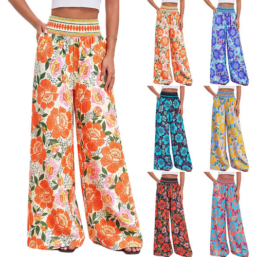Damen luftige Palazzo-Hose mit floralen Mustern und elastischem Bund EB