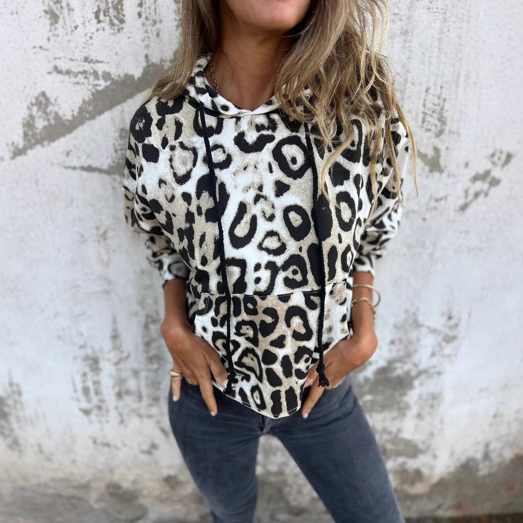 Damen Kapuzenpullover mit lässigem Leopardenmuster und praktischen Seitentaschen EB