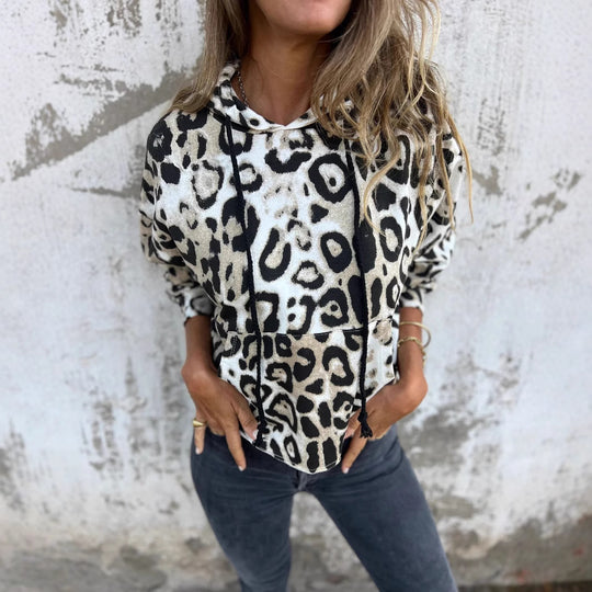 Damen Kapuzenpullover mit lässigem Leopardenmuster und praktischen Seitentaschen EB