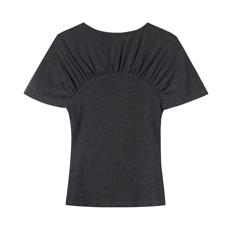 Damen lässiges Kurzarm-T-Shirt mit Raffung und grafischem Druck EB