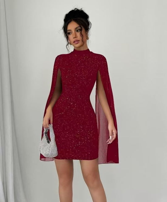 Damen Mini-Kleid mit funkelndem Stoff und schulterfreiem Design EB