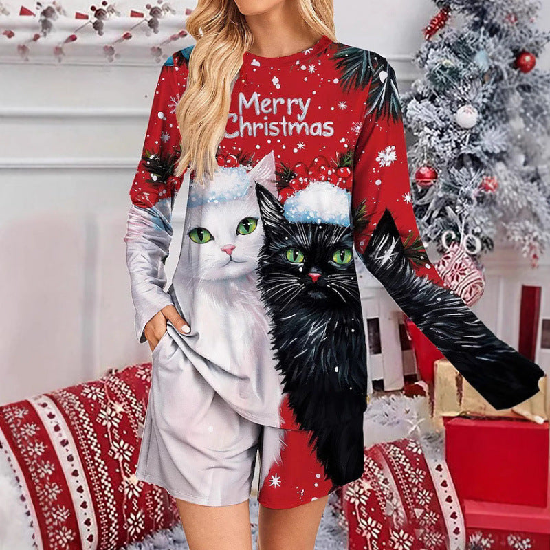 Damen Lustiges Weihnachts-Pyjama-Set mit Katzenmotiv EB