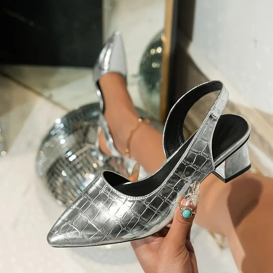 Damen Slingback-Pumps mit glänzendem Krokoprint und bequemer Blockabsatz EB