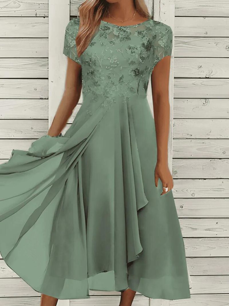 Damen nan elegantes Chiffon-Midikleid mit floraler Spitzenapplikation und fließendem Tellerrock EB