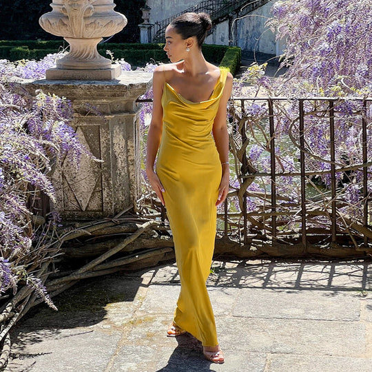 Damen Maxikleid mit schickem Wasserfallausschnitt und fließendem Satin-Stoff EB