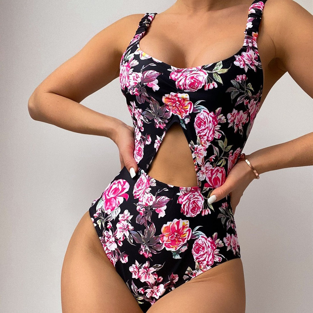 Damen Badeanzug mit floralem Design und ausgefallenem Ausschnitt EB