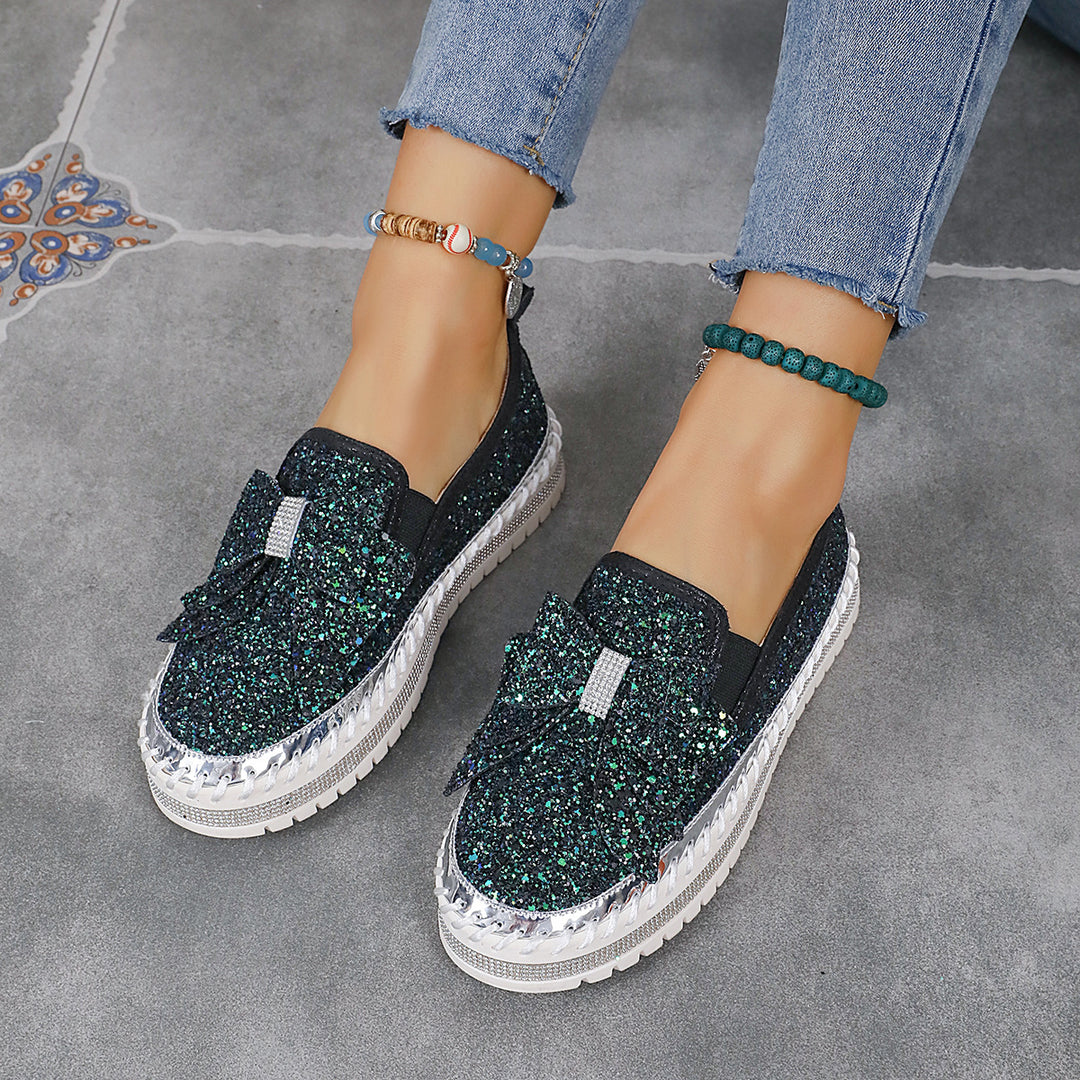 Damen modische Slip-On Sneakers mit glitzerndem Design und auffälliger Schleifenapplikation EB
