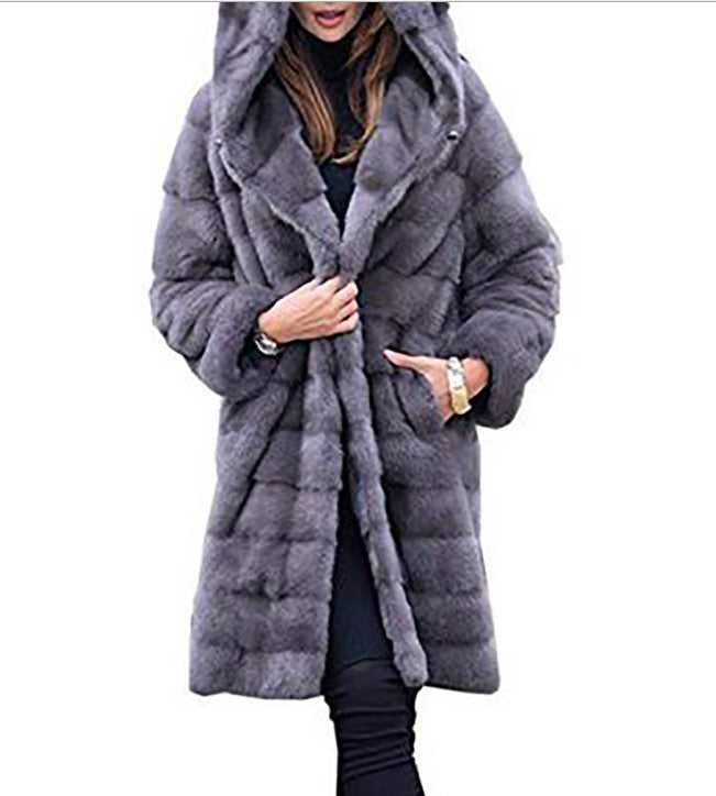Damen nan oversized Kunstfellmantel mit Kapuze und gestepptem Paneldesign EB