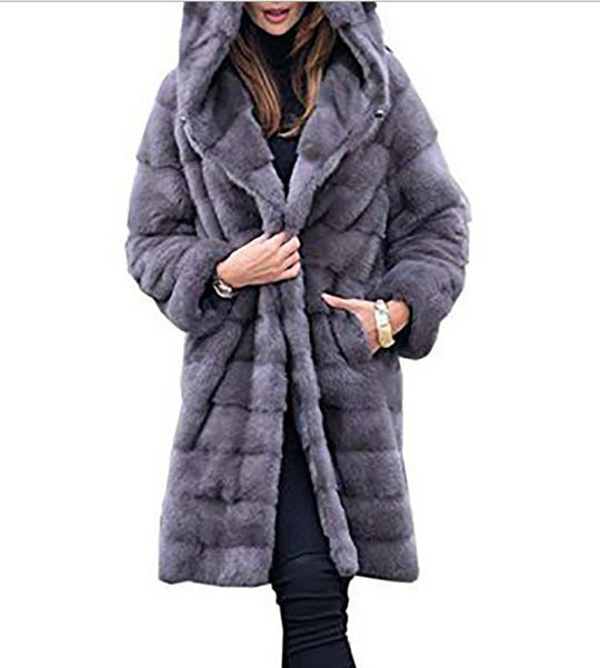 Damen nan oversized Kunstfellmantel mit Kapuze und gestepptem Paneldesign EB