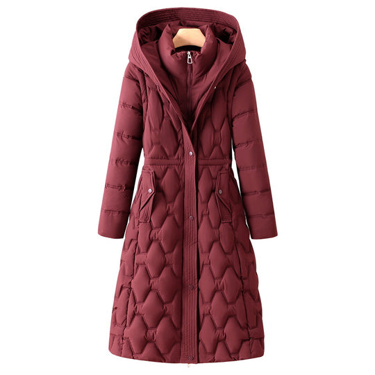 Damen nan langer gesteppter Wintermantel mit Kapuze und taillierter Silhouette EB