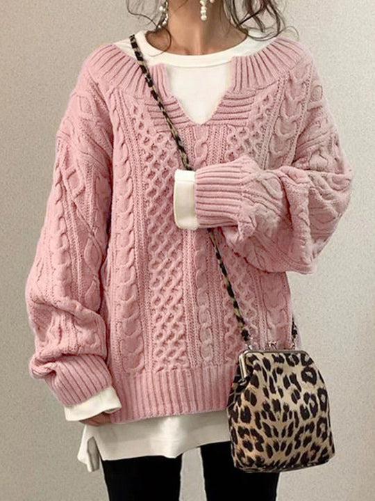 Damen Grobstrickpullover mit V-Ausschnitt und modischem Zopfdesign EB