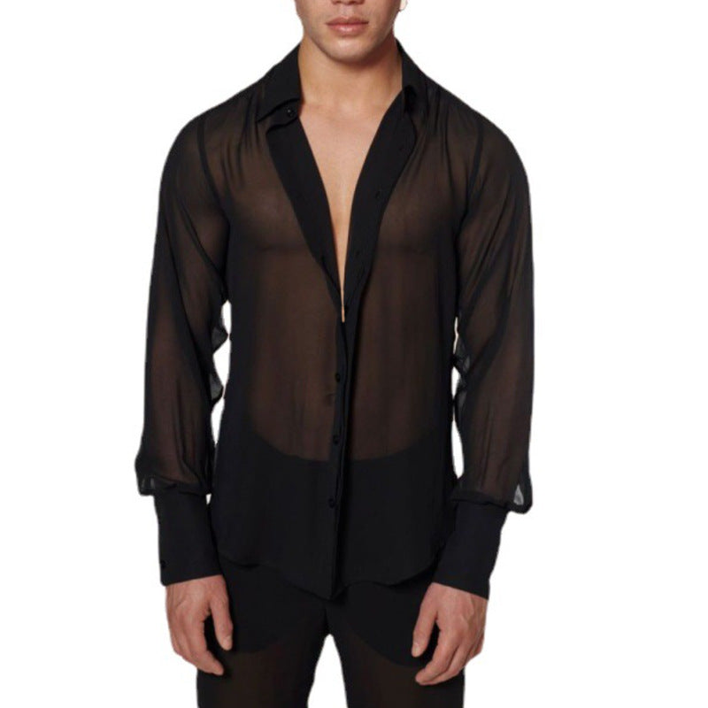 Damen nan semi-transparente Langarm-Chiffonbluse mit Hemdkragen und breiten Manschetten EB