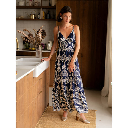 Damen Maxikleid mit tiefem V-Ausschnitt und verspieltem Muster EB
