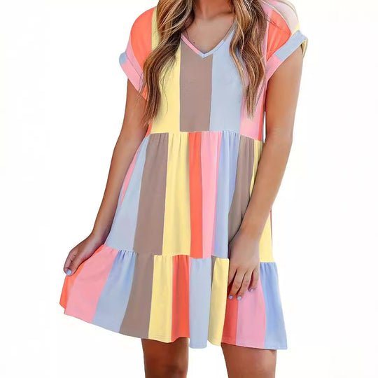 Damen lässiges Sommerkleid im modernen Streifendesign mit V-Ausschnitt und Volant EB