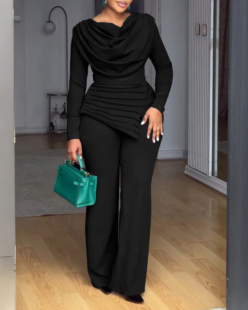 Damen Zweiteiliges Ensemble mit Wasserfall-Drapé-Oberteil, abgestuftem Peplum und gerader Bundfalten-Hose EB