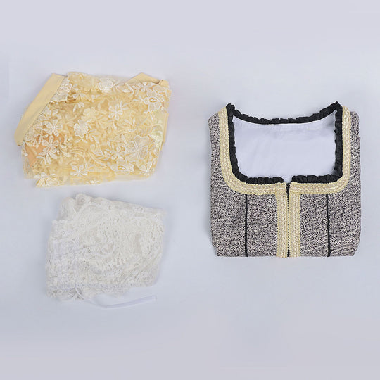 Damen nan Bouclé Top mit quadratischem Ausschnitt Goldborte und Rüschenkante EB