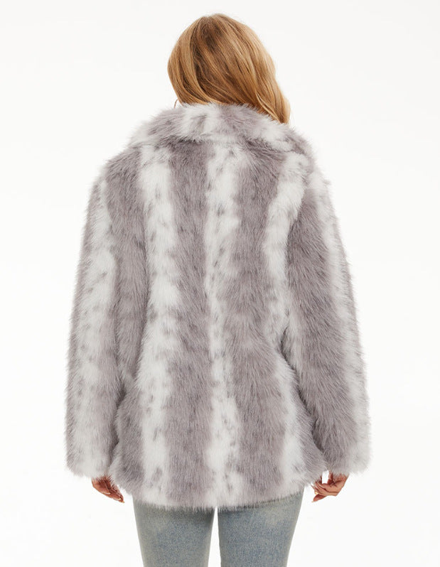 Damen Glamouröse Kunstfelljacke mit eleganten Streifen EB