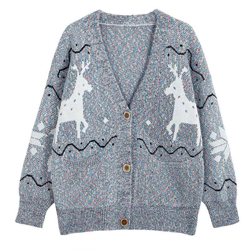 Damen Gemütlicher Cardigan mit Rentier-Motiv und Taschen EB
