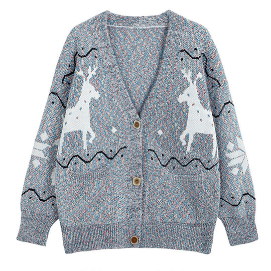 Damen Gemütlicher Cardigan mit Rentier-Motiv und Taschen EB