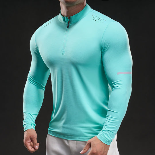 Herren Atmungsaktives Longsleeve Trainingsshirt mit Stehkragen und Kurz-Reißverschluss EB